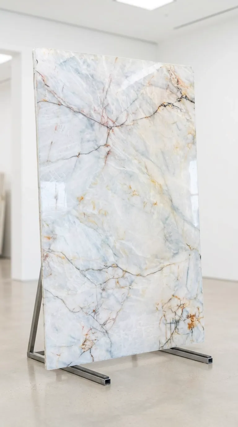 Cristallo Angelus Polished quartzite slab — The full slab as it stands in our West Allis gallery | StoneX USA, West Allis WI