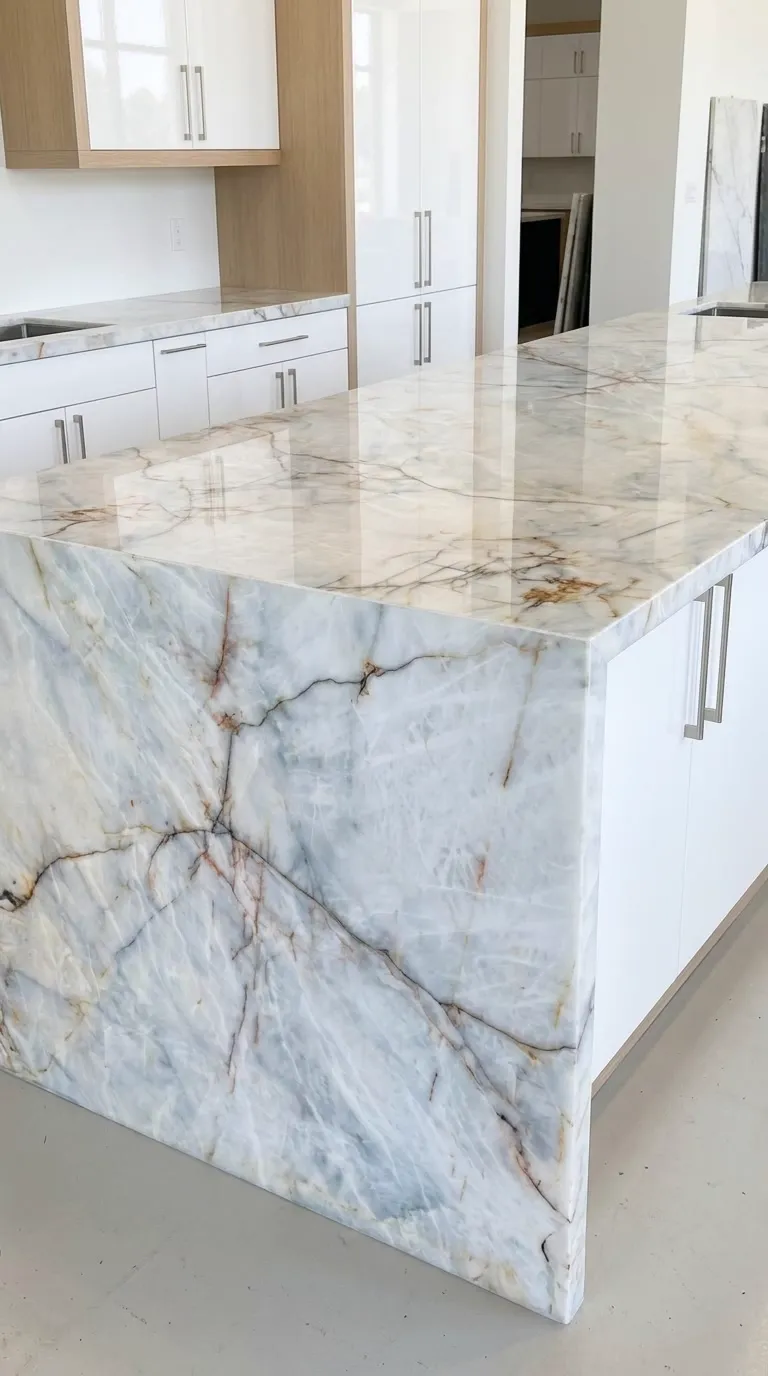 Cristallo Angelus Polished quartzite slab — Fabricated as a kitchen island with a waterfall end | StoneX USA, West Allis WI