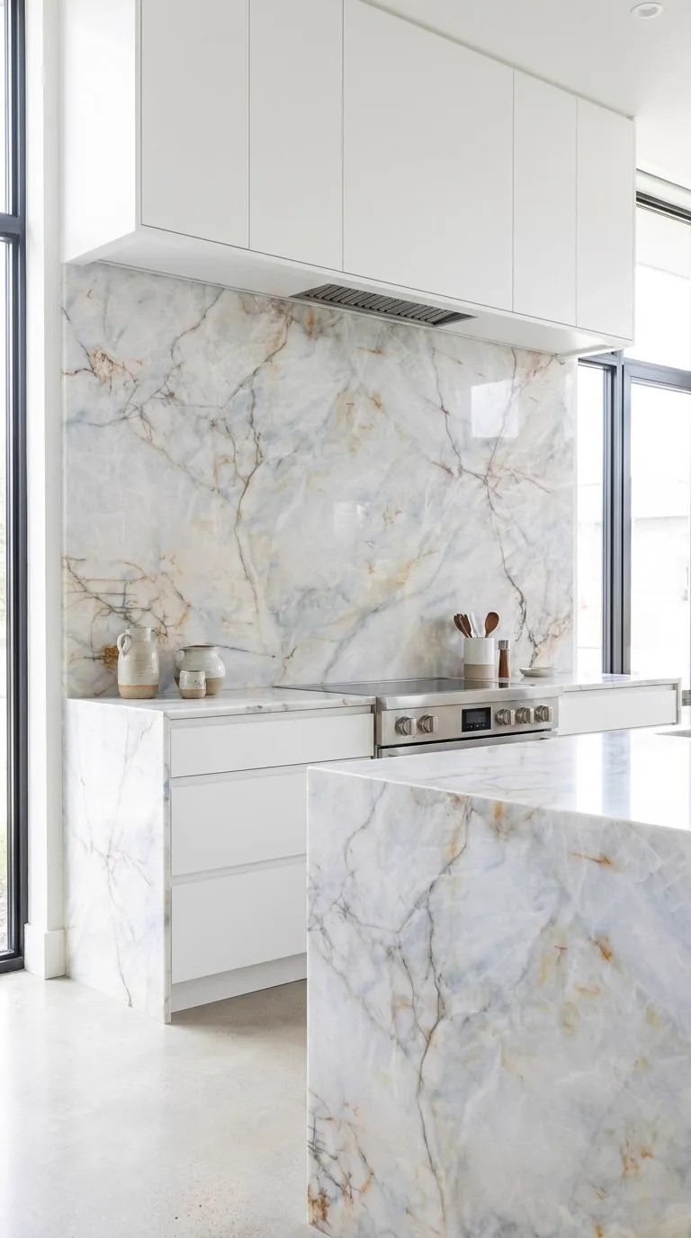 Cristallo Angelus Polished quartzite slab — As a full-height backsplash in a finished kitchen | StoneX USA, West Allis WI