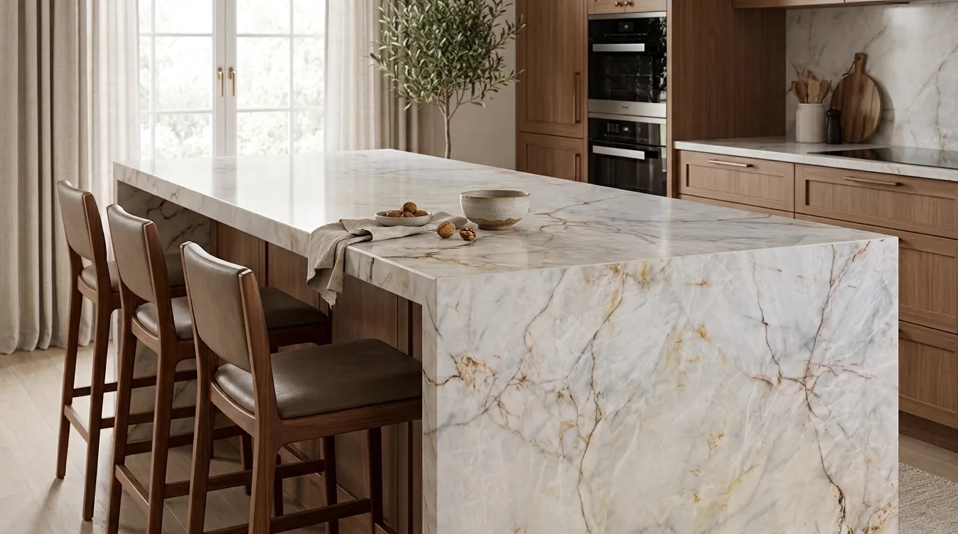 Cristallo Angelus Polished Quartzite waterfall-edge kitchen island with continuous veining