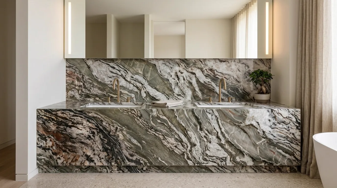 Crystal Tempest Polished double vanity countertop and backsplash in a modern bathroom