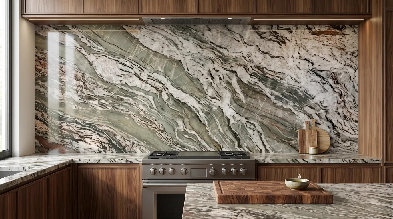 Crystal Tempest Polished full-height kitchen backsplash and matching countertop