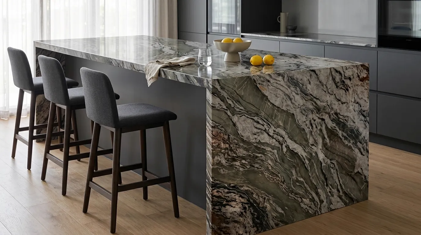 Crystal Tempest Polished waterfall-edge kitchen island with continuous veining