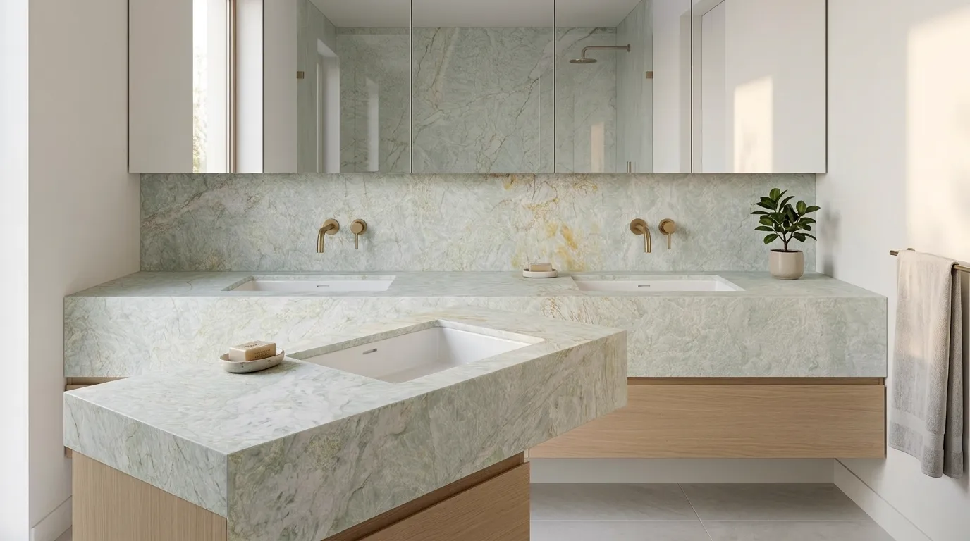 Crystal Tiffany Leathered Quartzite double vanity countertop and backsplash in a modern bathroom