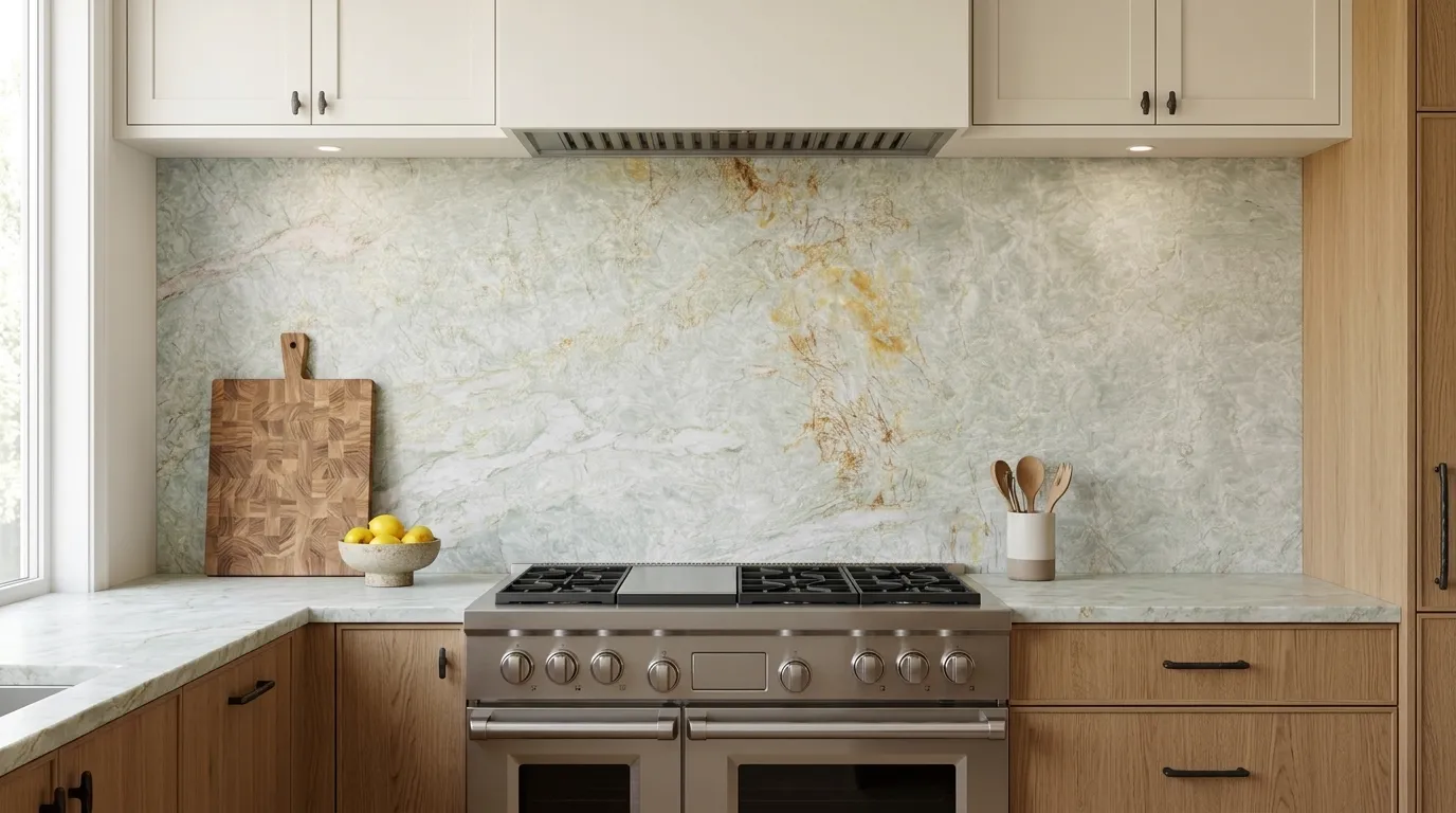 Crystal Tiffany Leathered Quartzite full-height kitchen backsplash and matching countertop