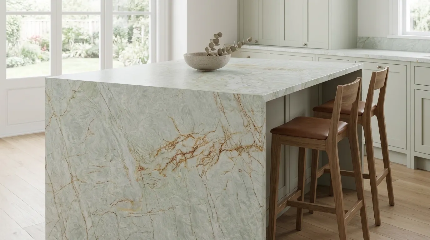 Crystal Tiffany Leathered Quartzite waterfall-edge kitchen island with continuous veining