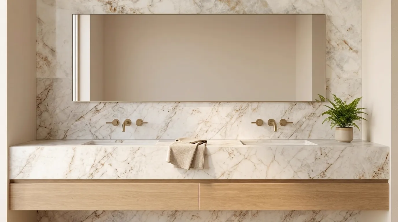 Cuarzo Reno Porcelain Stone double vanity countertop and backsplash in a modern bathroom
