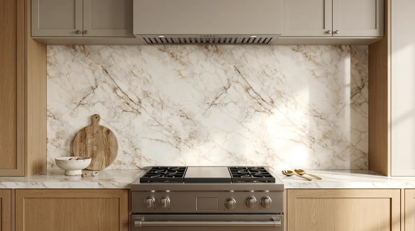 Cuarzo Reno Porcelain Stone full-height kitchen backsplash and matching countertop