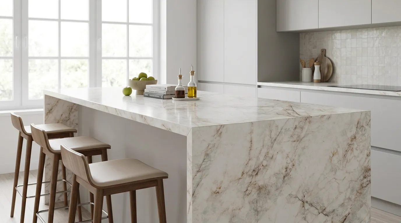 Cuarzo Reno Porcelain Stone waterfall-edge kitchen island with continuous veining