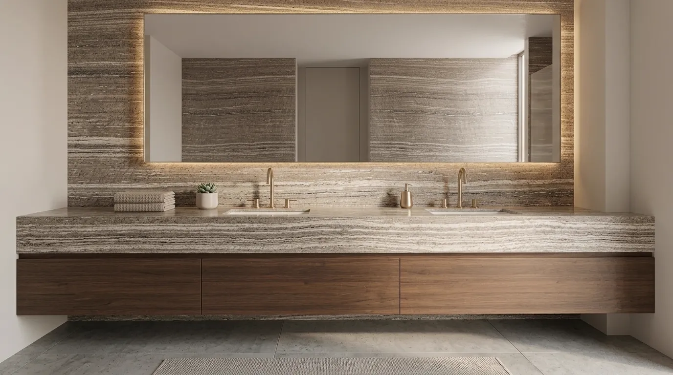Cygnus double vanity countertop and backsplash in a modern bathroom