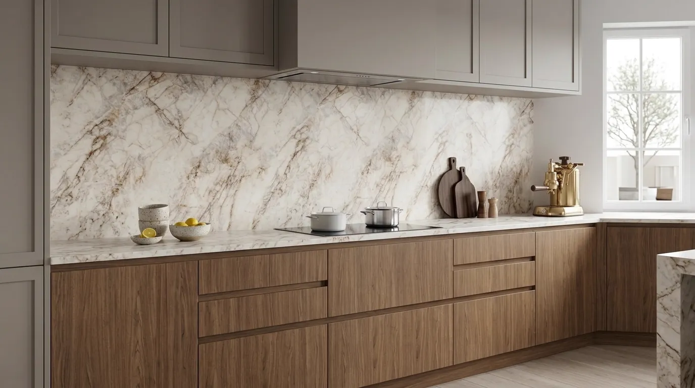 Cygnus full-height kitchen backsplash and matching countertop