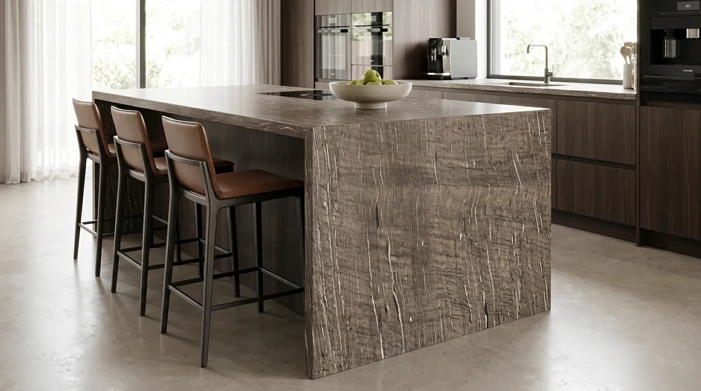 Cygnus waterfall-edge kitchen island with continuous veining