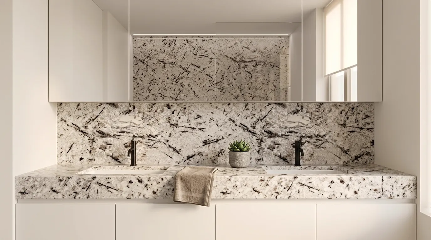 Delicatus double vanity countertop and backsplash in a modern bathroom