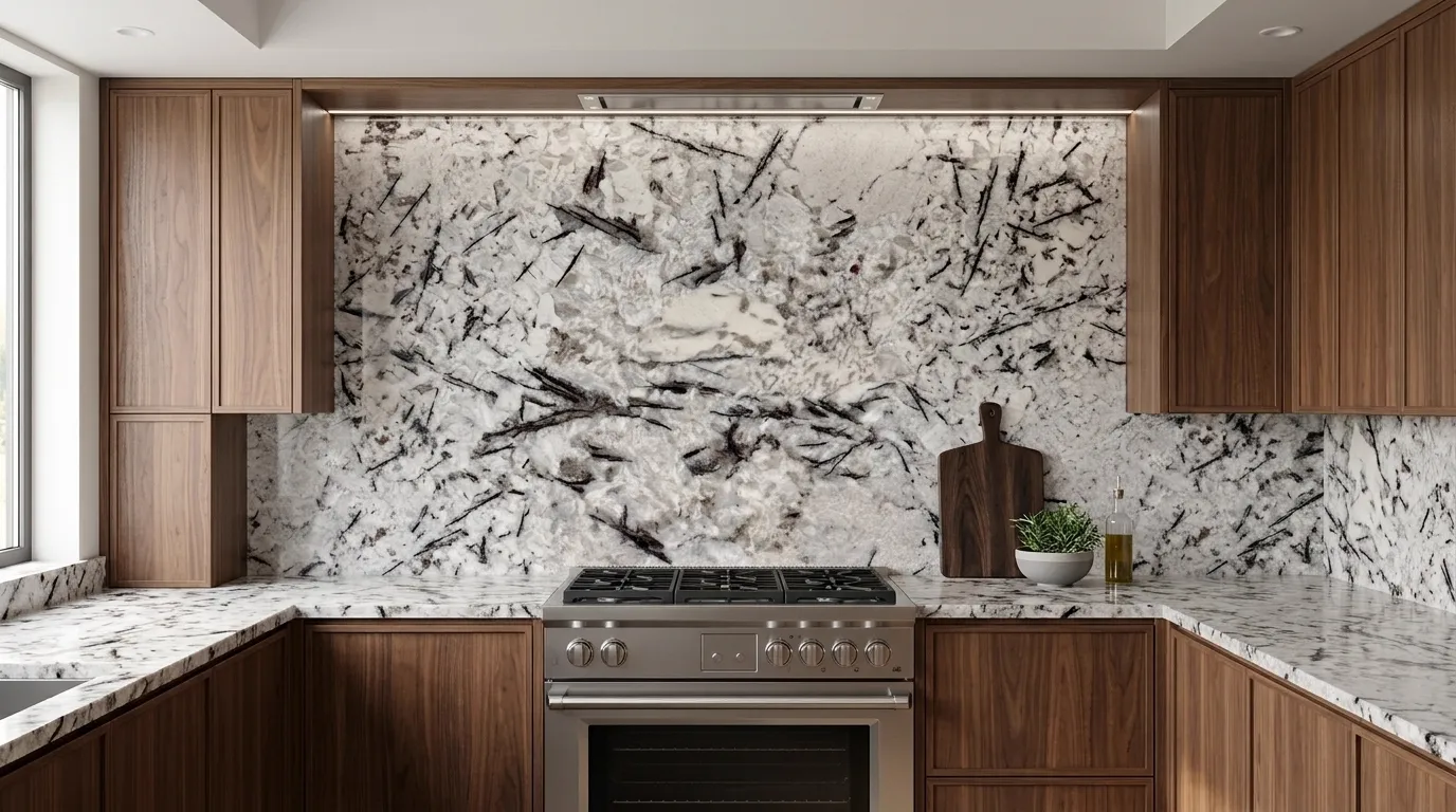 Delicatus full-height kitchen backsplash and matching countertop