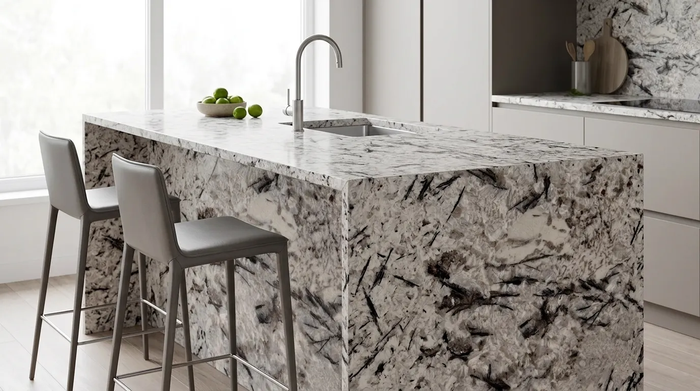 Delicatus waterfall-edge kitchen island with continuous veining