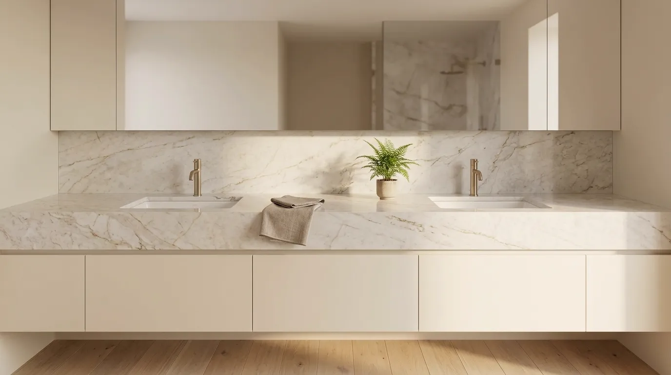 Dolce Vita White double vanity countertop and backsplash in a modern bathroom
