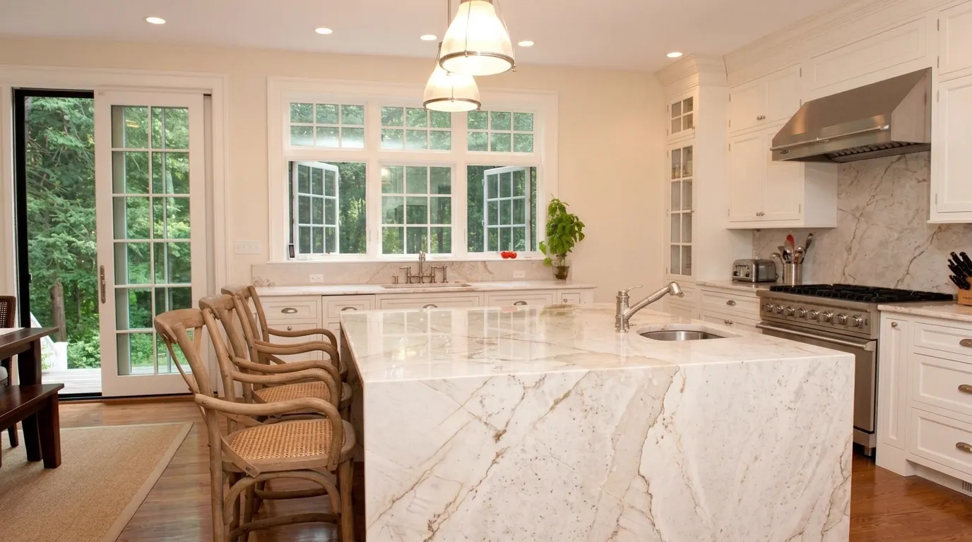 Dolce Vita White waterfall-edge kitchen island with continuous veining