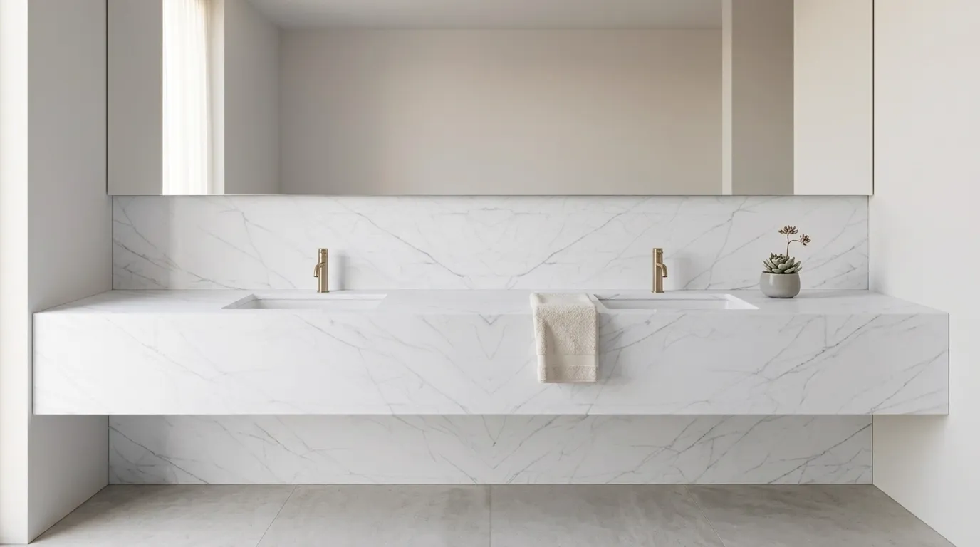 Dream Quartz Stone double vanity countertop and backsplash in a modern bathroom