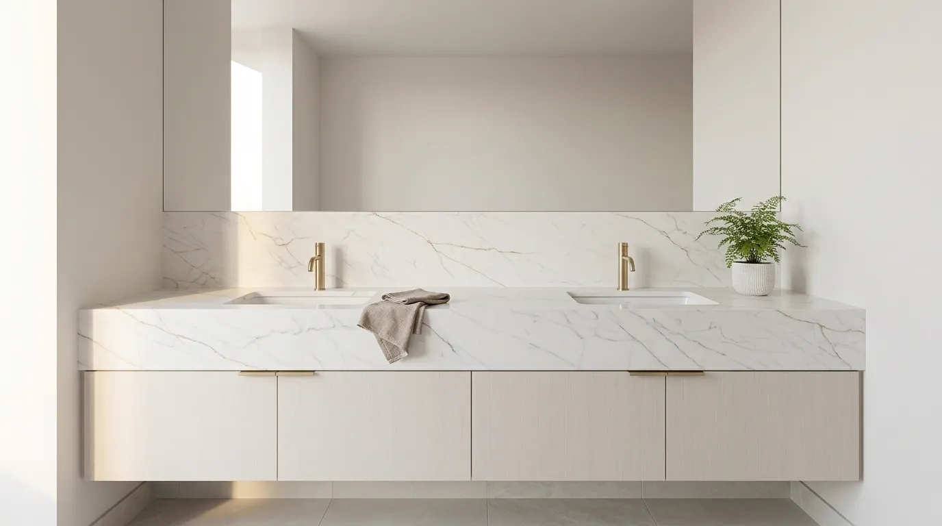 Dream Gold Quartz Stone double vanity countertop and backsplash in a modern bathroom