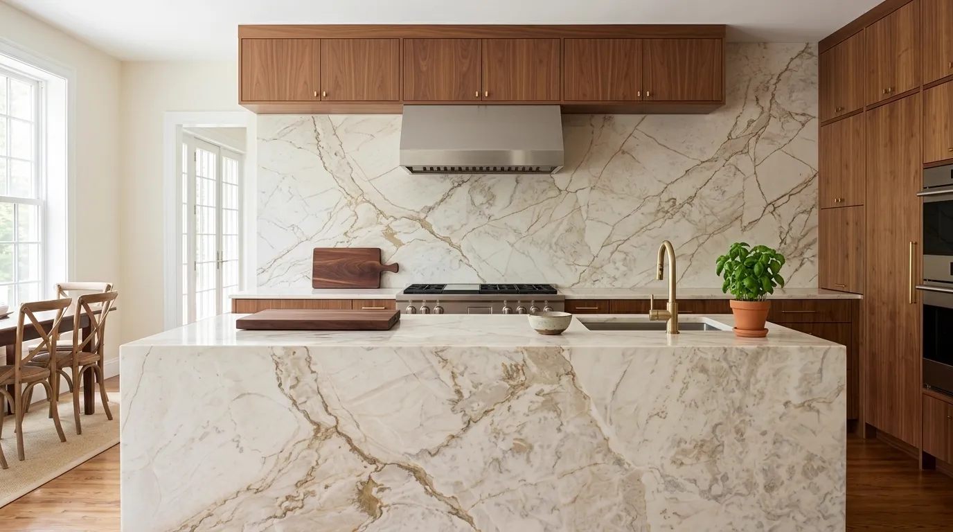 Dream Gold Quartz Stone full-height kitchen backsplash and matching countertop