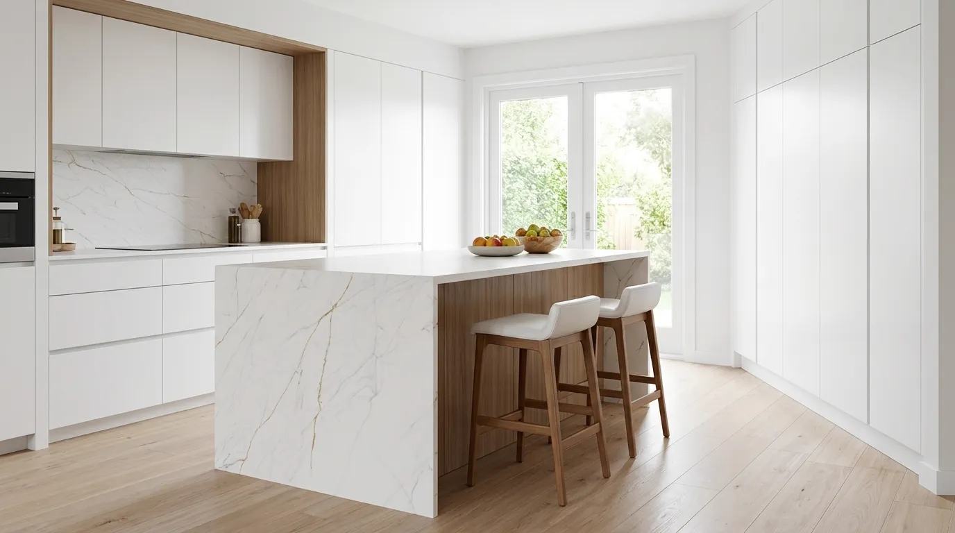 Dream Gold Quartz Stone waterfall-edge kitchen island with continuous veining