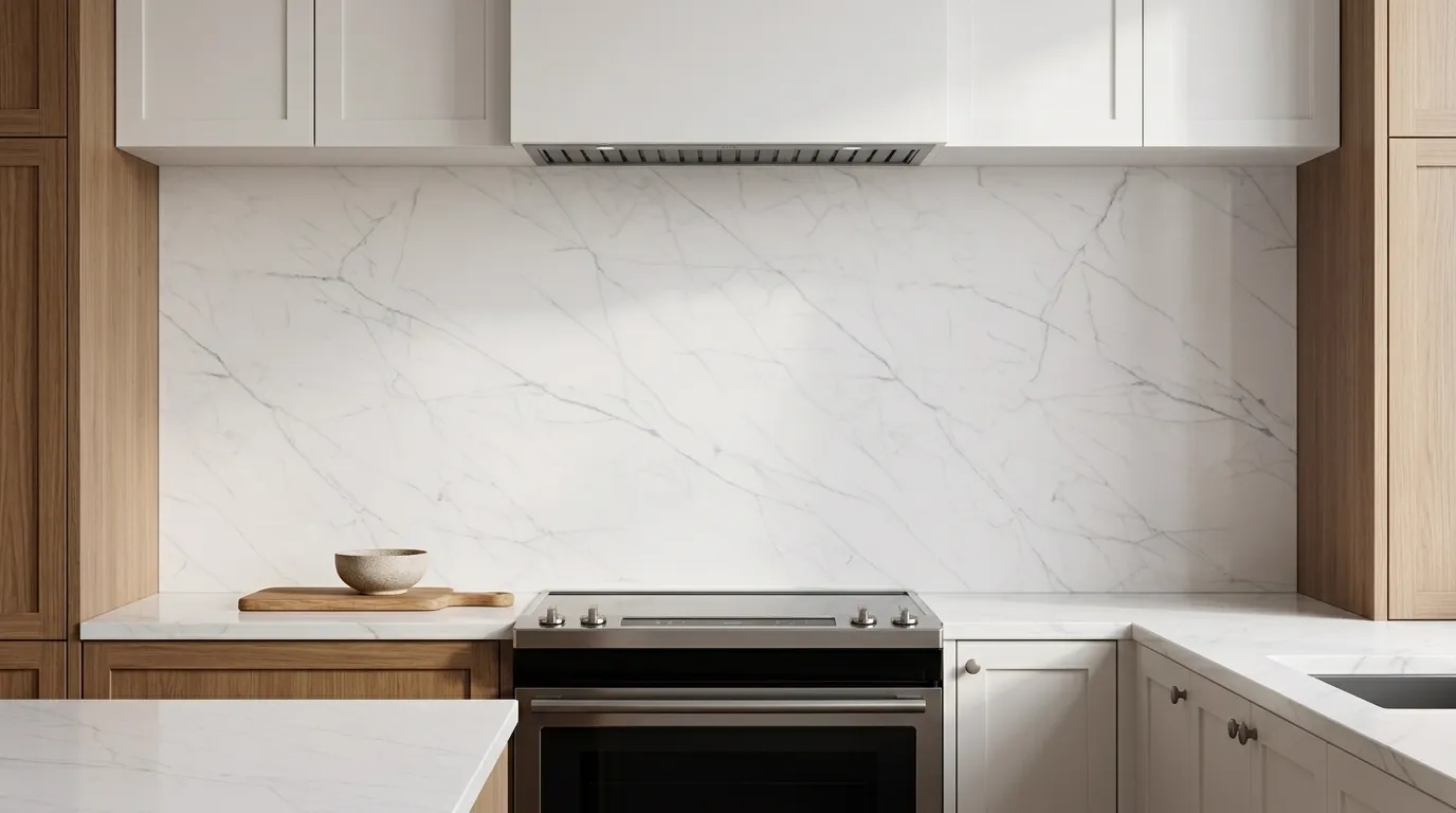 Dream Quartz Stone full-height kitchen backsplash and matching countertop