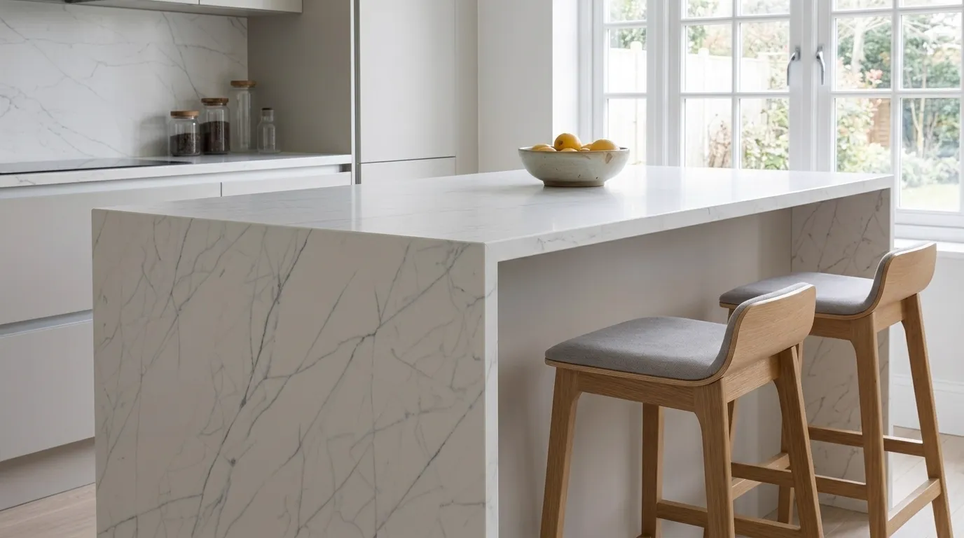Dream Quartz Stone waterfall-edge kitchen island with continuous veining
