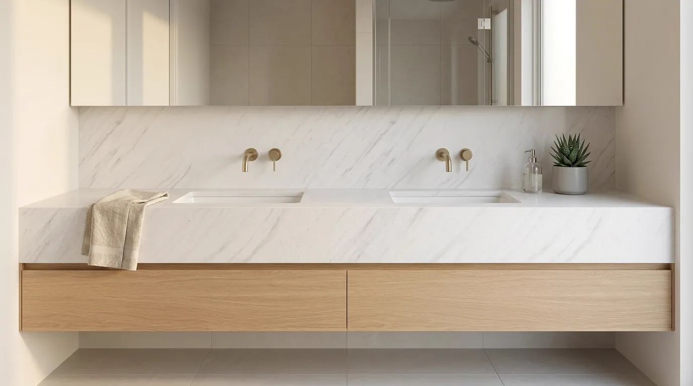 Elite Quartz Stone double vanity countertop and backsplash in a modern bathroom
