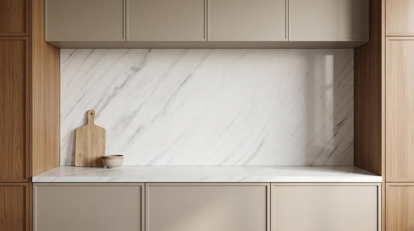 Elite Quartz Stone full-height kitchen backsplash and matching countertop