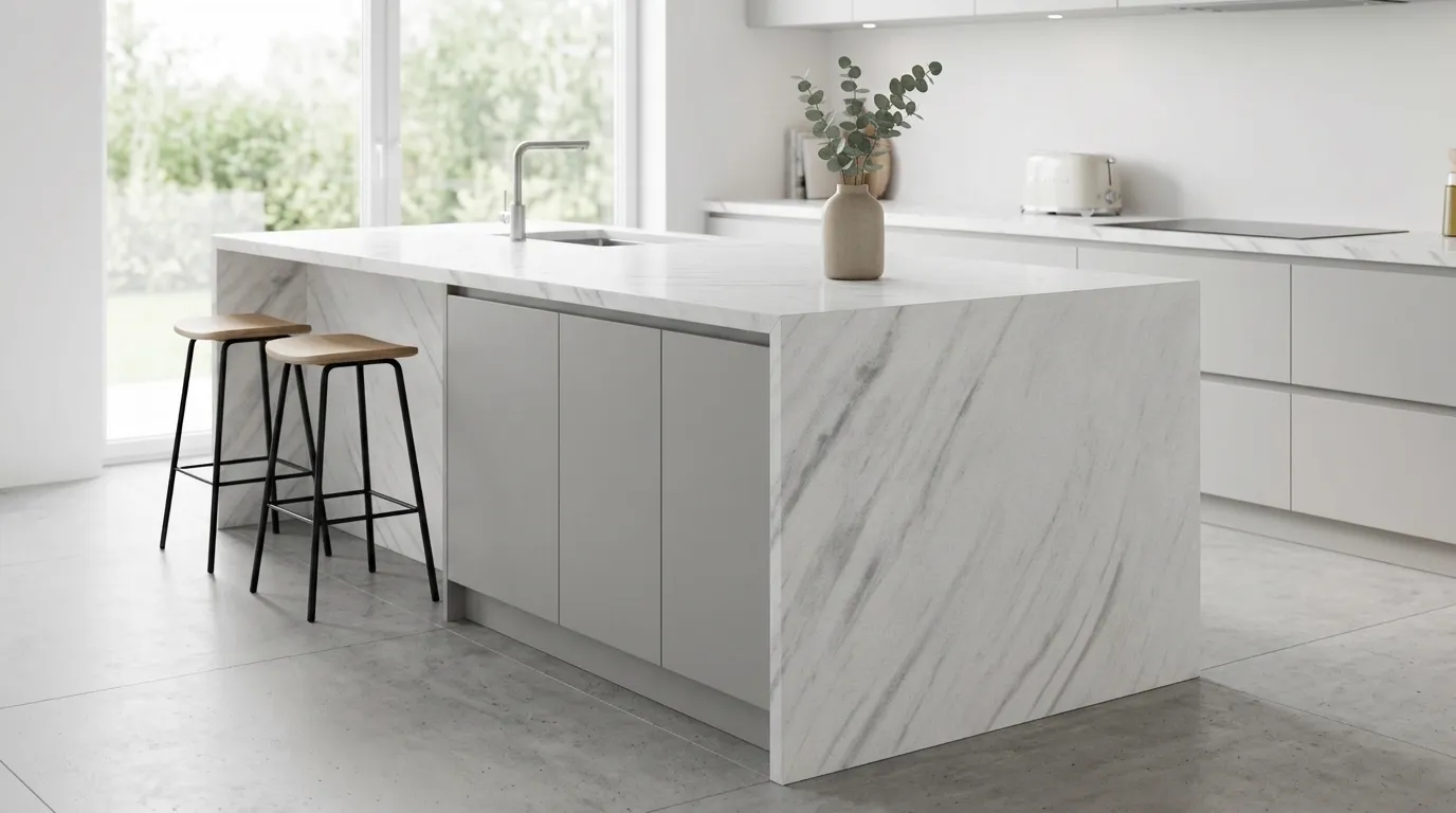 Elite Quartz Stone waterfall-edge kitchen island with continuous veining