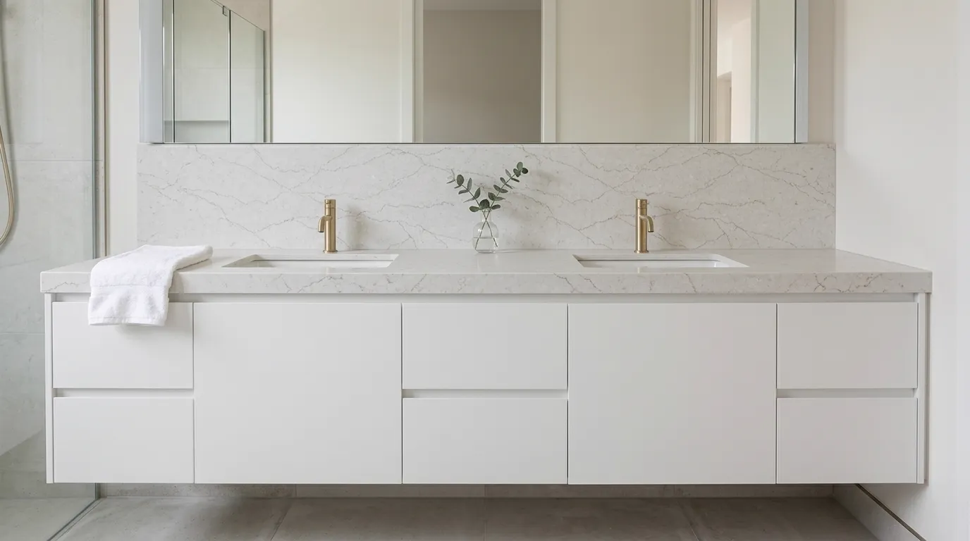 Eltham Gold Honed Quartz Stone double vanity countertop and backsplash in a modern bathroom