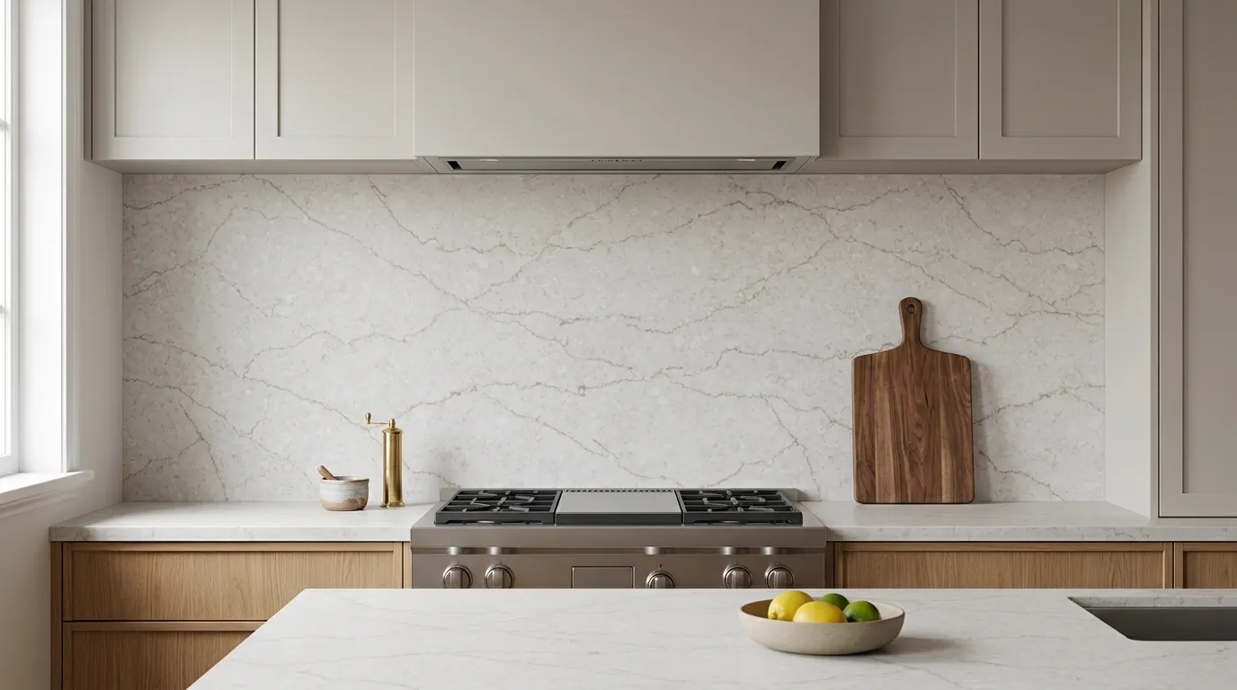 Eltham Gold Honed Quartz Stone full-height kitchen backsplash and matching countertop