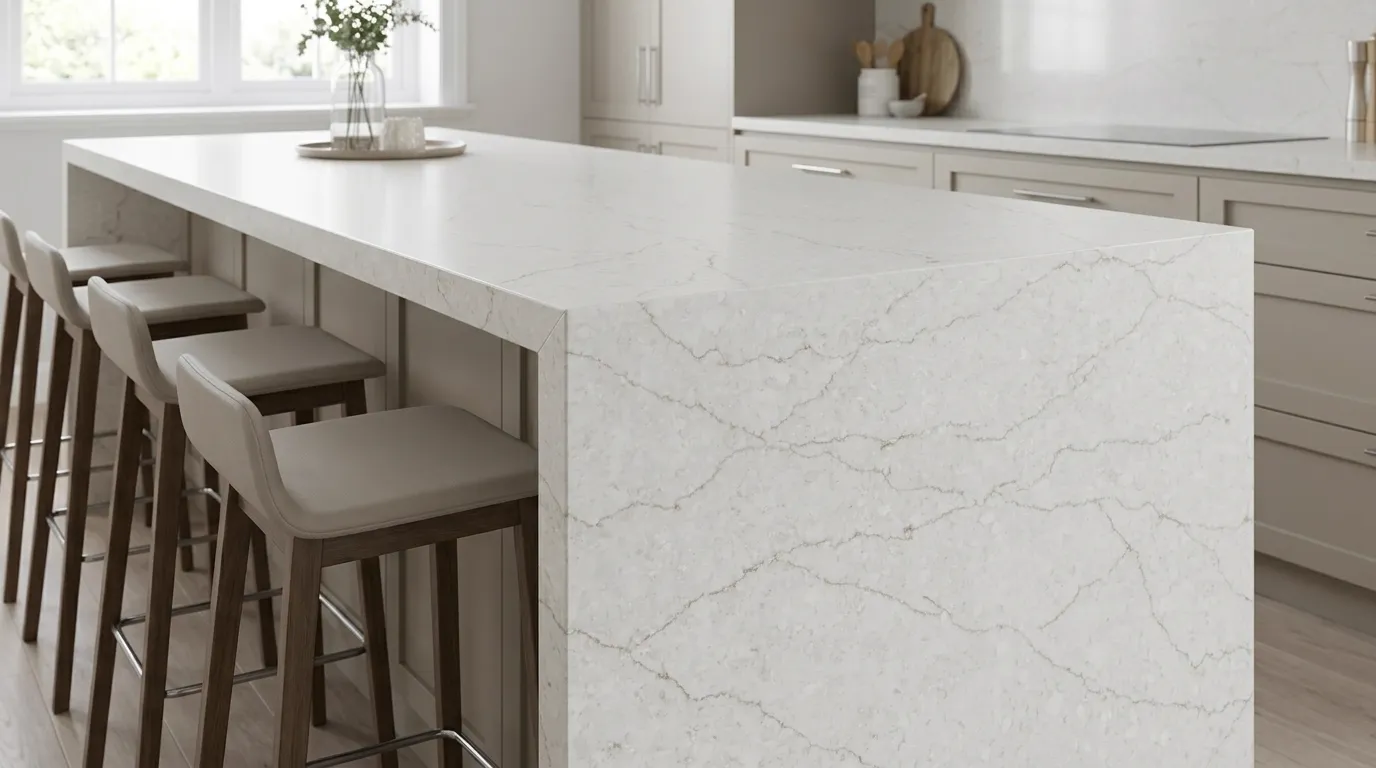 Eltham Gold Honed Quartz Stone waterfall-edge kitchen island with continuous veining