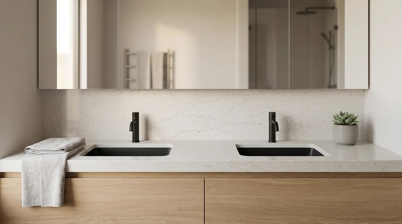 Eltham Gold Polished Quartz Stone double vanity countertop and backsplash in a modern bathroom