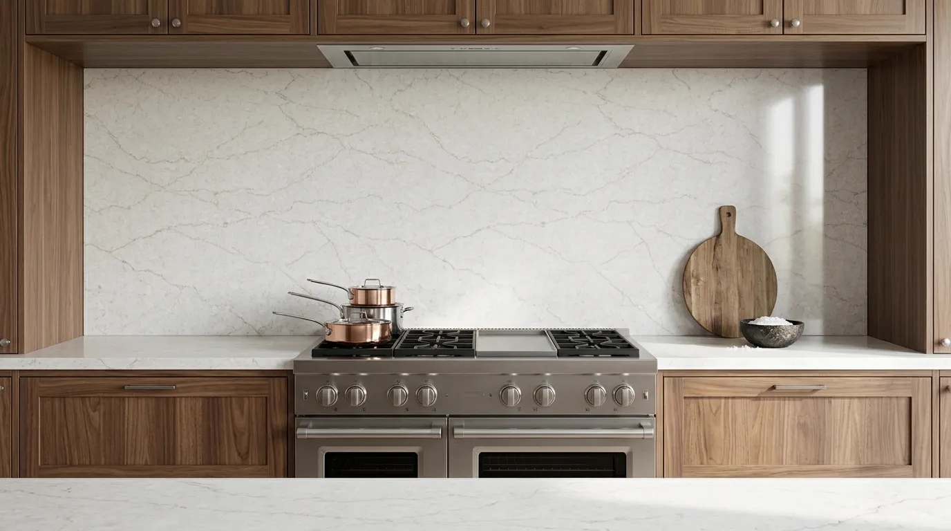 Eltham Gold Polished Quartz Stone full-height kitchen backsplash and matching countertop