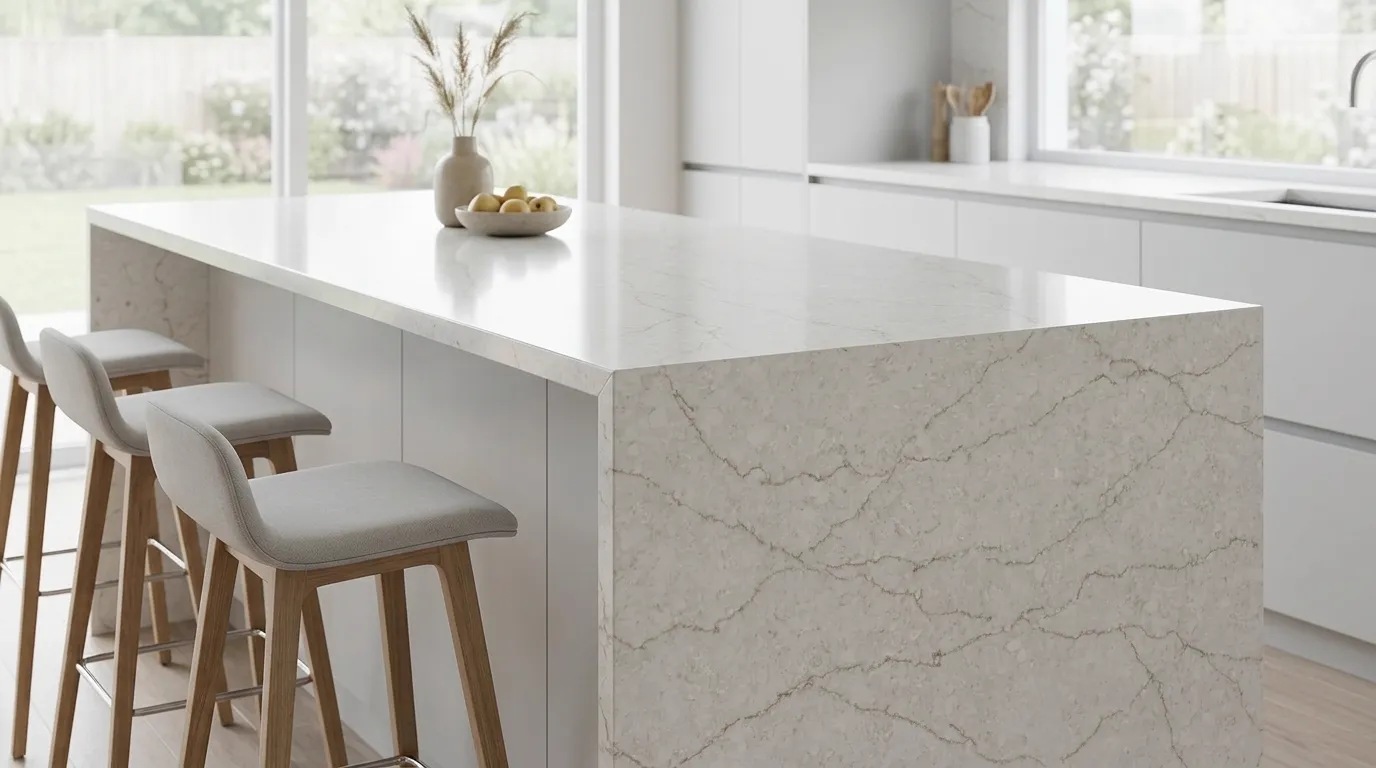 Eltham Gold Polished Quartz Stone waterfall-edge kitchen island with continuous veining