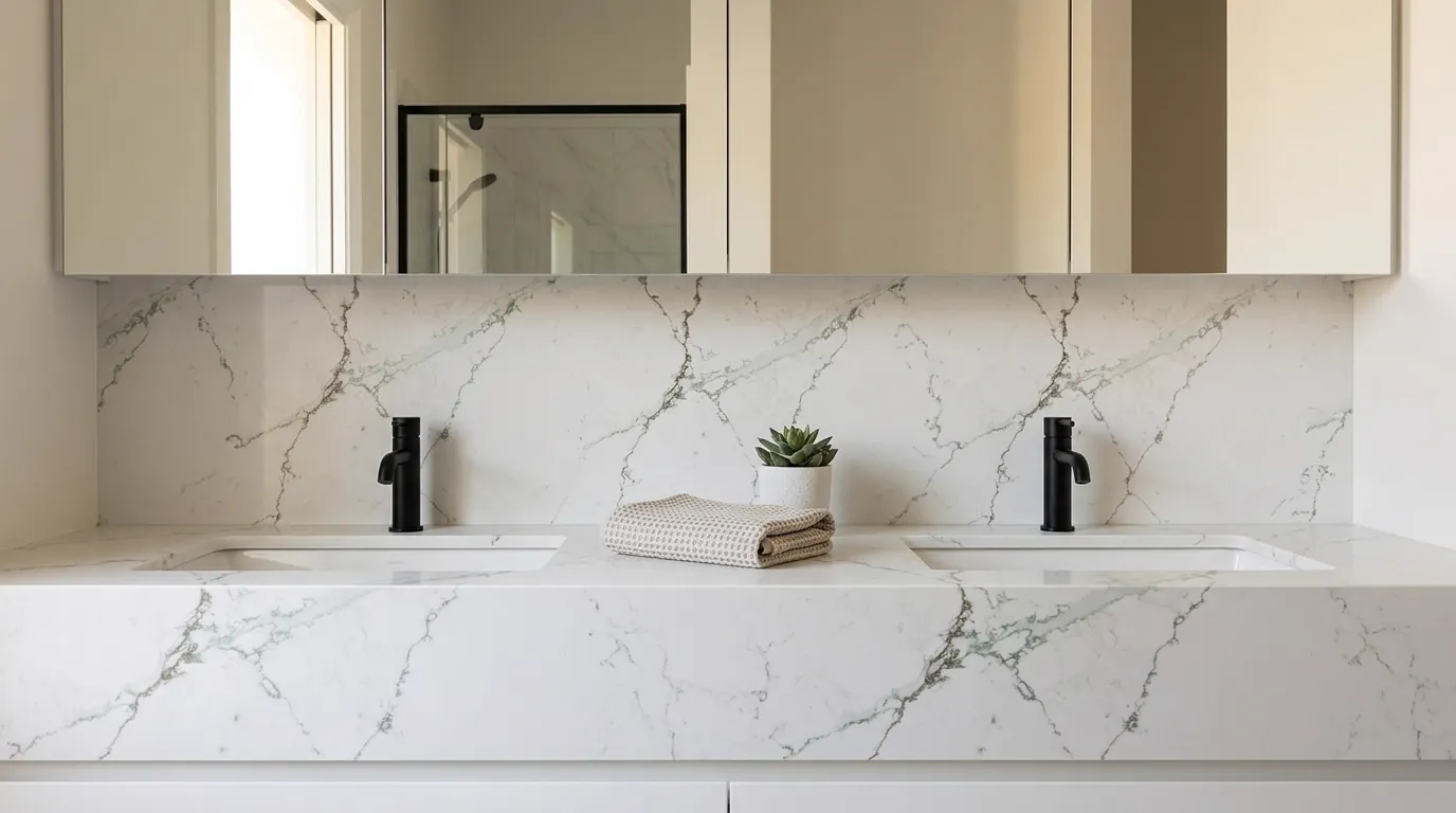 Emerald Quartz Stone double vanity countertop and backsplash in a modern bathroom
