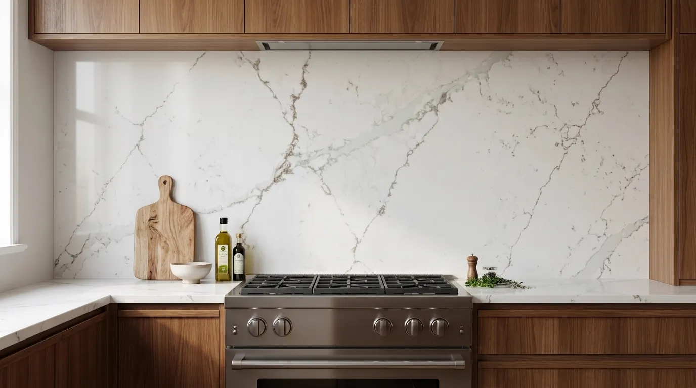 Emerald Quartz Stone full-height kitchen backsplash and matching countertop
