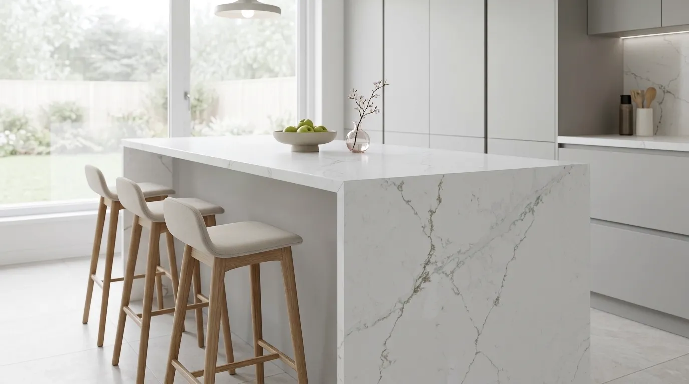 Emerald Quartz Stone waterfall-edge kitchen island with continuous veining