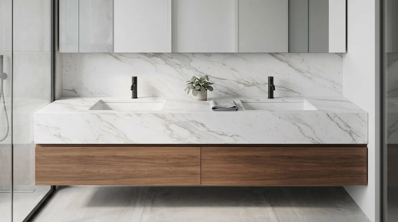 EPHESUS HD Quartz Stone double vanity countertop and backsplash in a modern bathroom