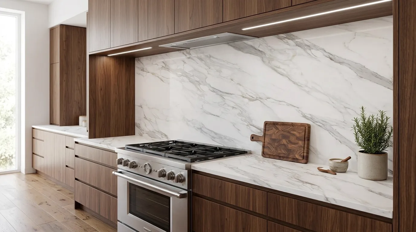 EPHESUS HD Quartz Stone full-height kitchen backsplash and matching countertop
