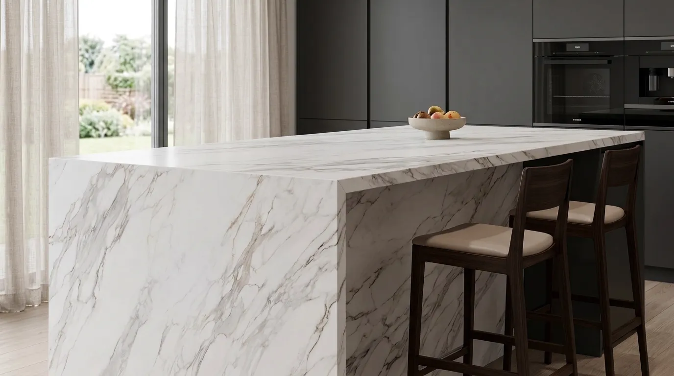 EPHESUS HD Quartz Stone waterfall-edge kitchen island with continuous veining