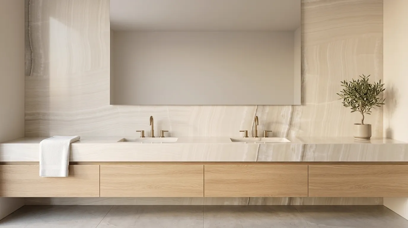 Estillo Onyx double vanity countertop and backsplash in a modern bathroom