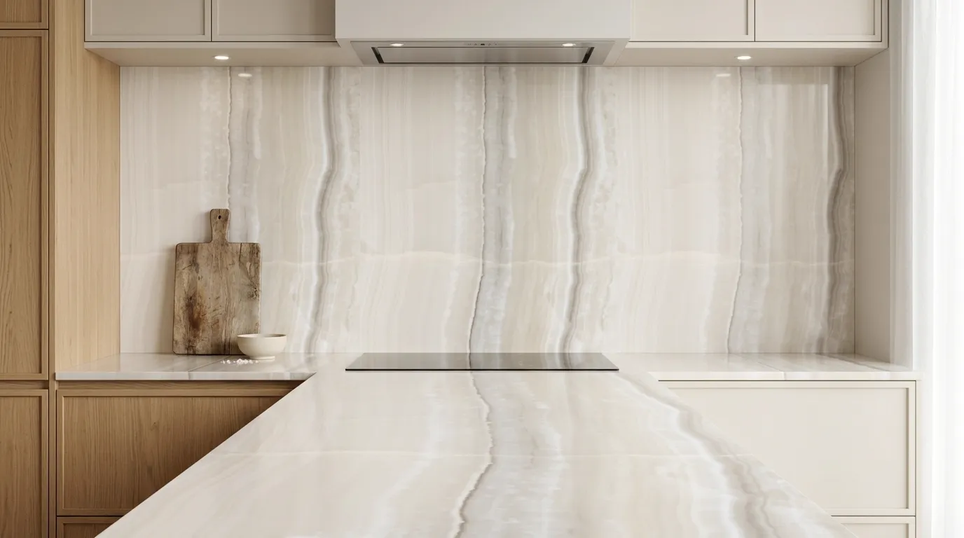 Estillo Onyx full-height kitchen backsplash and matching countertop