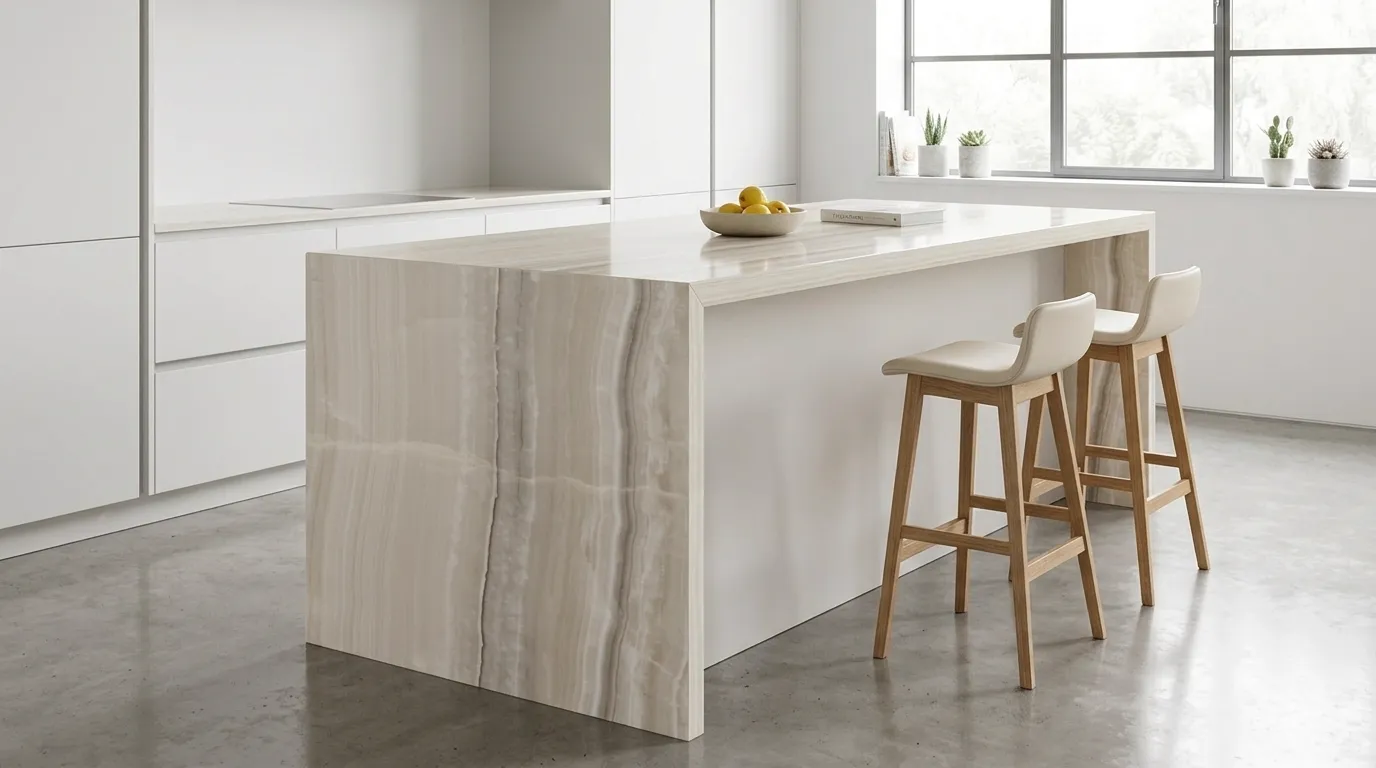 Estillo Onyx waterfall-edge kitchen island with continuous veining