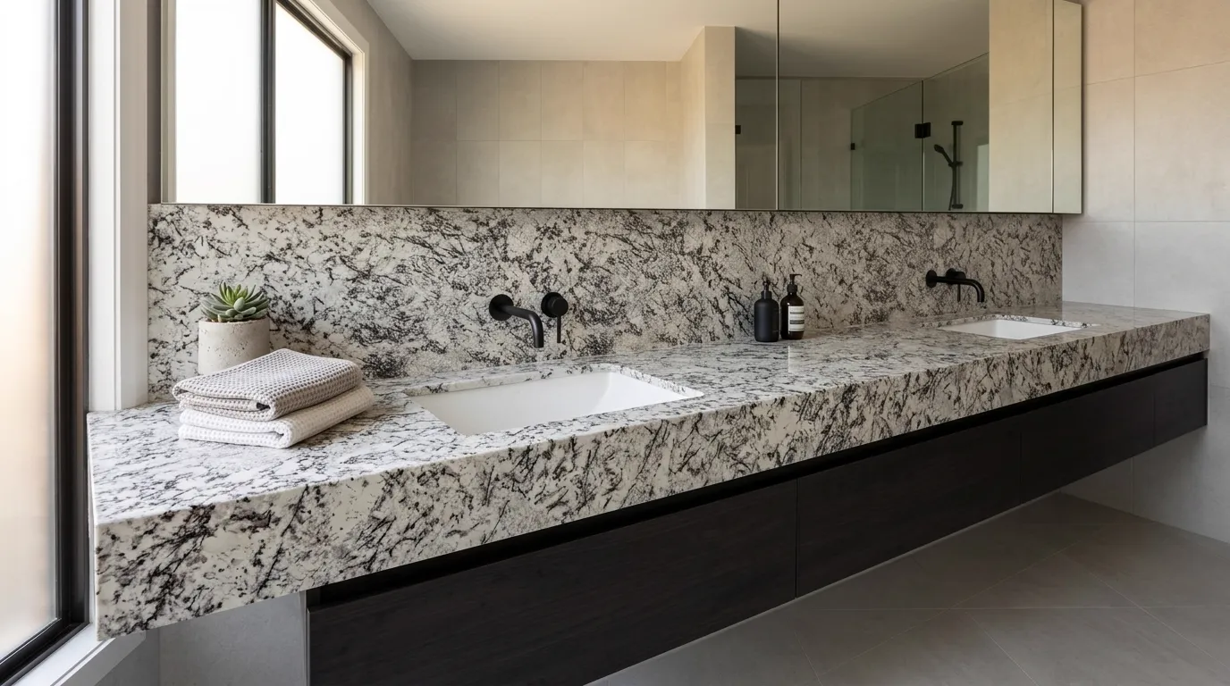 Extreme White double vanity countertop and backsplash in a modern bathroom