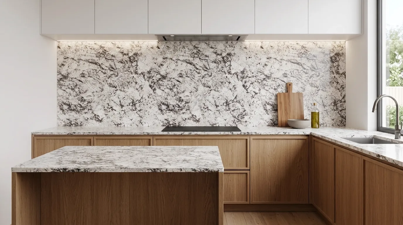 Extreme White full-height kitchen backsplash and matching countertop
