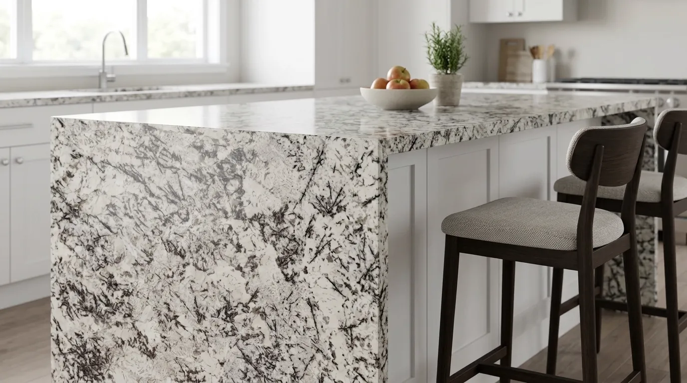 Extreme White waterfall-edge kitchen island with continuous veining