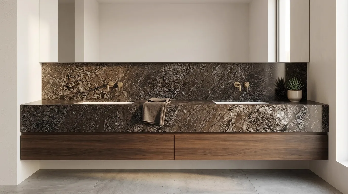 Ferrato double vanity countertop and backsplash in a modern bathroom
