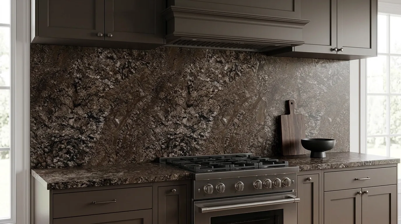 Ferrato full-height kitchen backsplash and matching countertop